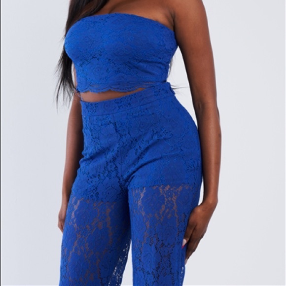 Royal Blue Floral Lace Bandeau & pant set - Picture 5 of 6